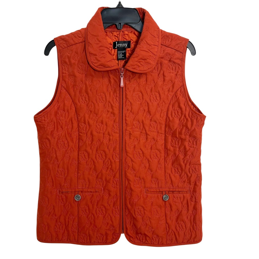 Jenny Quilted Vest Women's Size‎ Medium Orange Floral Embroidered Zip Front